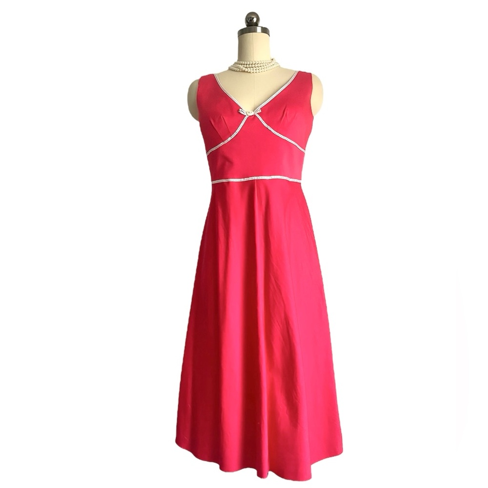 Sleeveless Hot Pink Fit & Flare Dress White Trim Empire Waist Party Cocktail